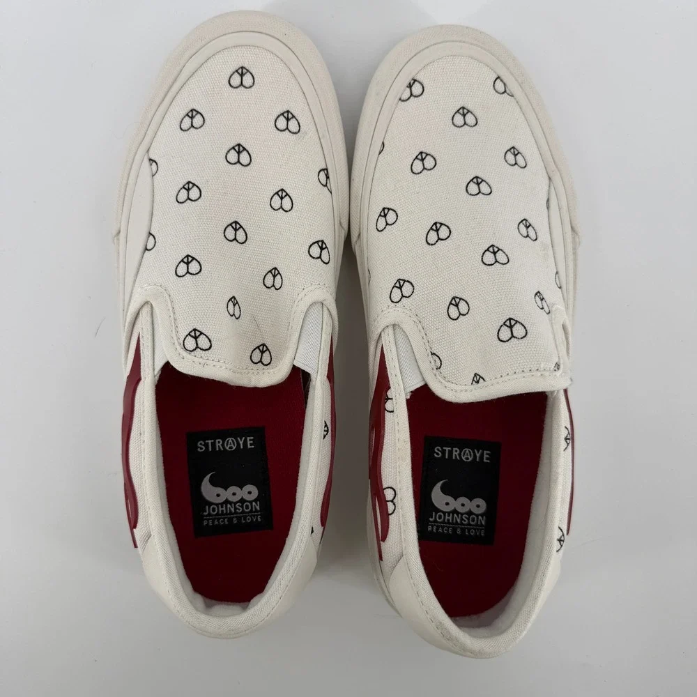 Straye Ventura Boo Johnson Mens 7.5 Cream Peace Love Flame Slip On Sneakers